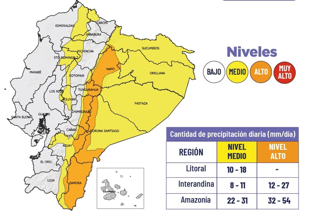 El Instituto Nacional de Meteorología e Hidrología (Inamhi) emitió una alerta meteorológica por fuertes lluvias en el Ecuador.