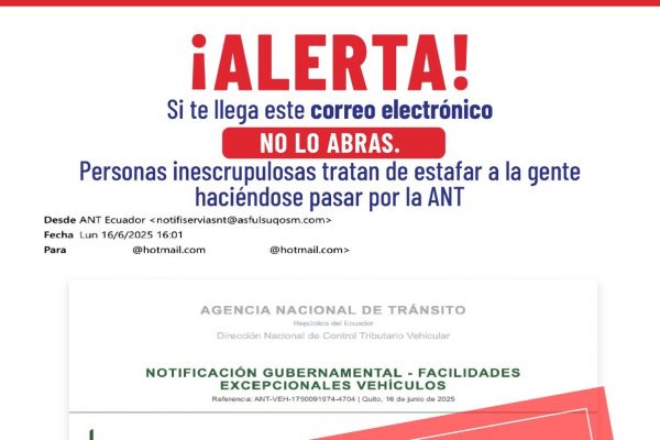 ANT advierte sobre correos falsos con notificaciones de deudas por infracciones de tránsito