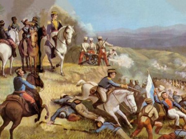 Batallas por la independencia de Quito, Ecuador (Imagen: óleo representando la Batalla de Ibarra, 1823). La independencia derivó en deudas internacionales.