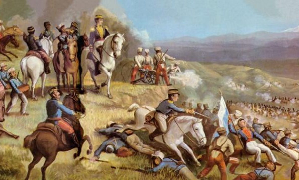 Batallas por la independencia de Quito, Ecuador (Imagen: óleo representando la Batalla de Ibarra, 1823). La independencia derivó en deudas internacionales.