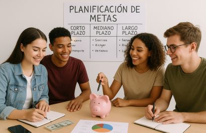 Jóvenes aprenden a planificar metas financieras para asegurar su futuro. FOTO: Inteligencia Artificial (ChatGPT).