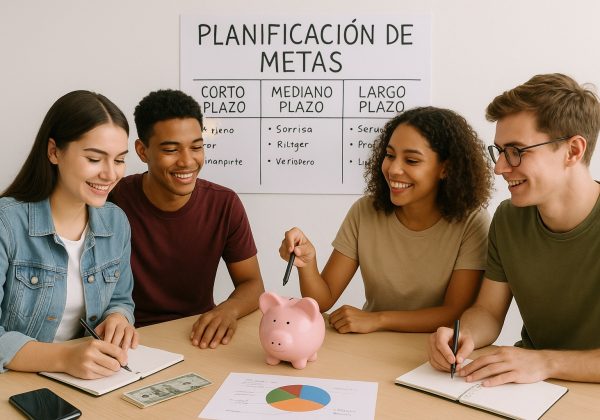 Jóvenes aprenden a planificar metas financieras para asegurar su futuro. FOTO: Inteligencia Artificial (ChatGPT).