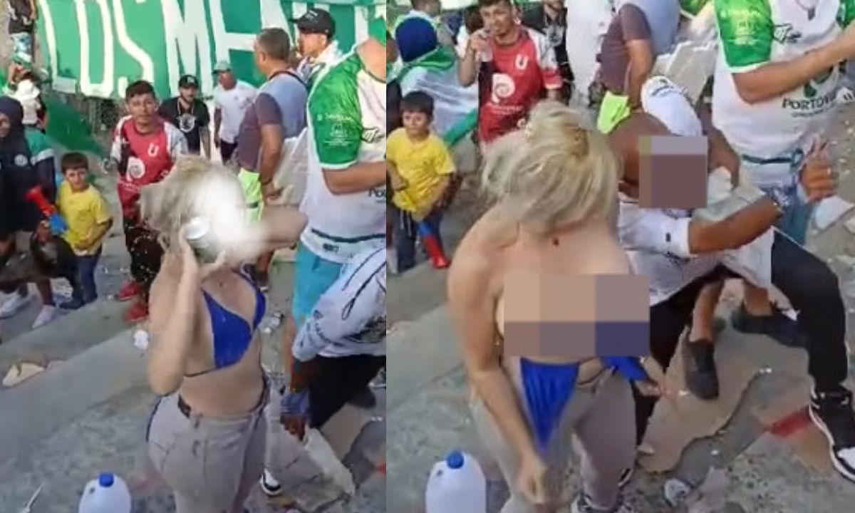 Hincha de Liga de Portoviejo muestra sus pechos en el estadio Reales Tamarindos