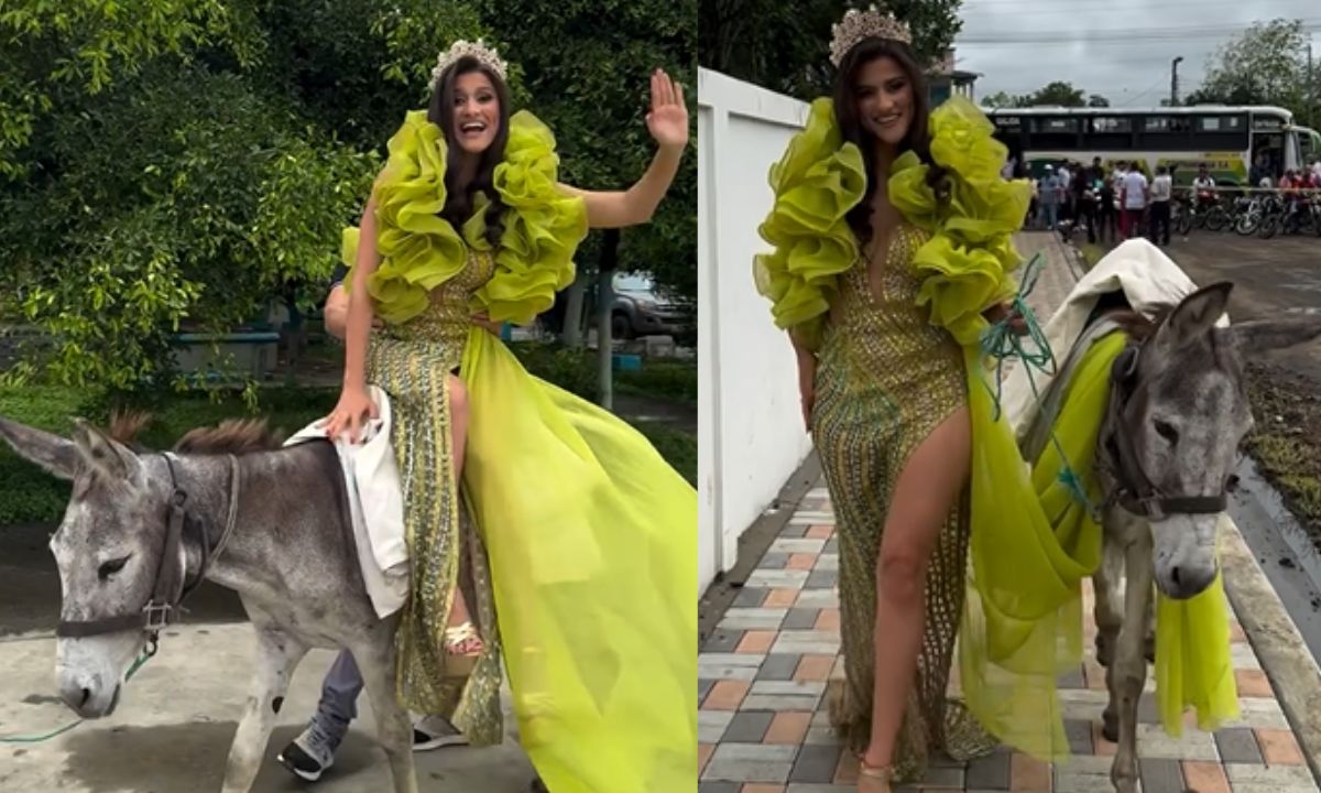 La influencer Elba González acudió a votar junto a un burro y vestida de gala.