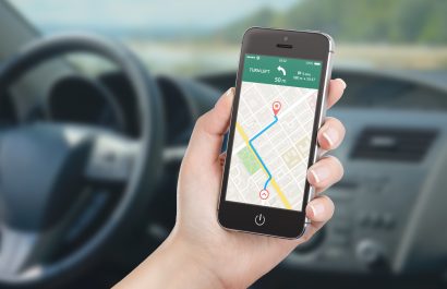 Smart phone with map gps navigation application on the screen