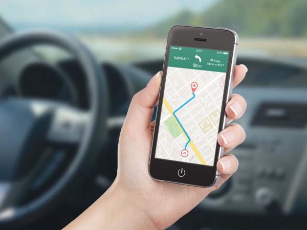 Smart phone with map gps navigation application on the screen