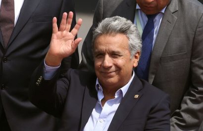 Ecuador's President Lenin Moreno arrives at the airport for upcoming Summit of the Americas in Lima