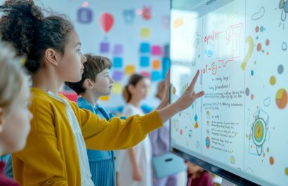Interactive Learning: Girl Points to an Interactive Whiteboard