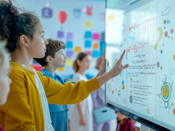 Interactive Learning: Girl Points to an Interactive Whiteboard