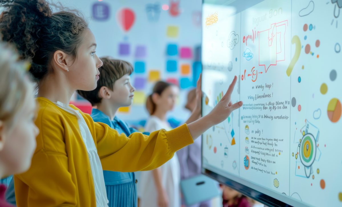 Interactive Learning: Girl Points to an Interactive Whiteboard