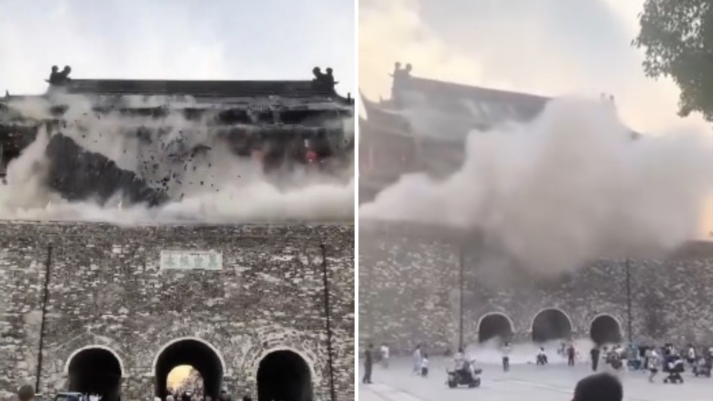 Colapsa la Torre del Tambor de Fengyang, China, tras un año de su restauración