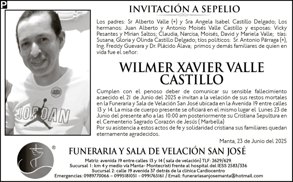 INVITACIÓN A SEPELIO: Wilmer Xavier Valle Castillo