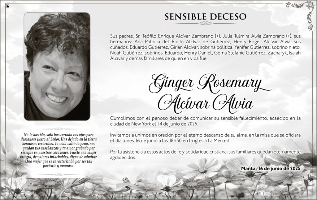 INVITACIÓN A SEPELIO: Ginger Rosemary Alcívar Alvia