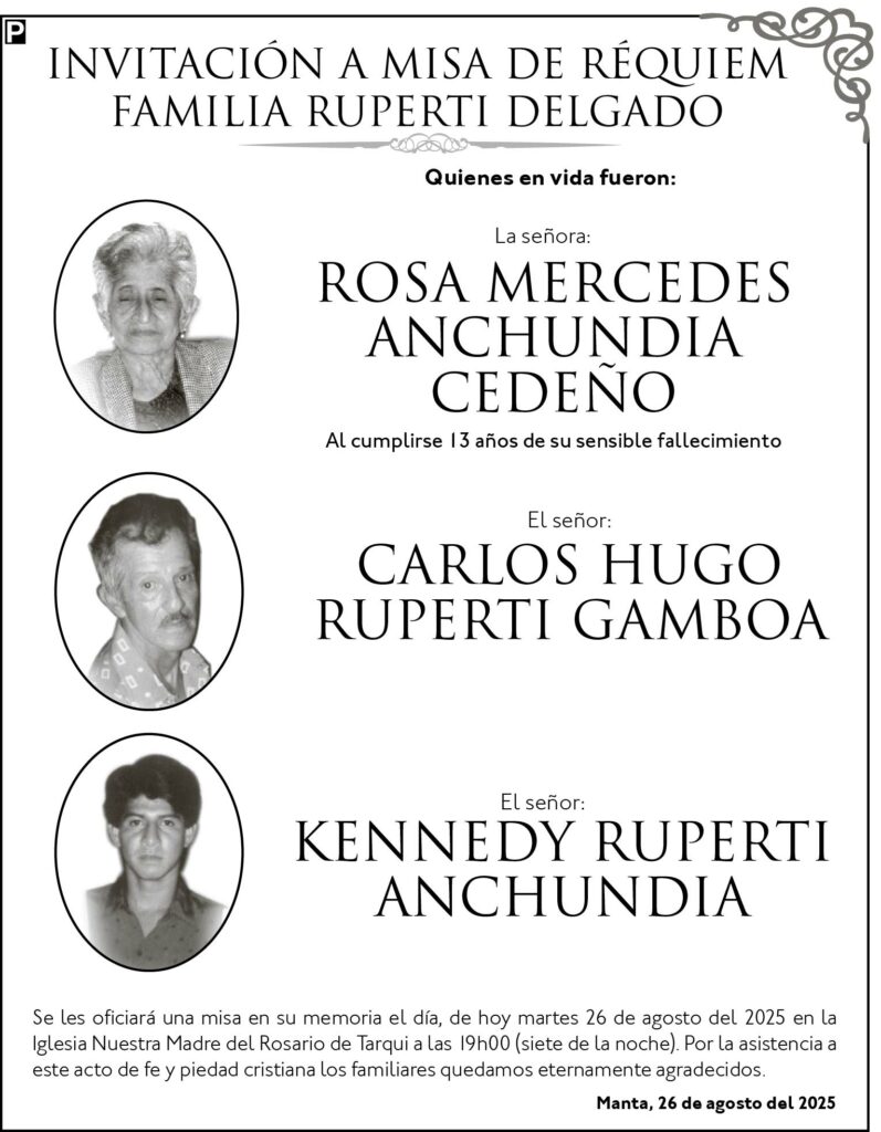 INVITACIÓN A MISA: Rosa Mercedes Anchundia Cedeño, Carlos Hugo Ruperti Gamboa, Kennedy Ruperti Anchundia