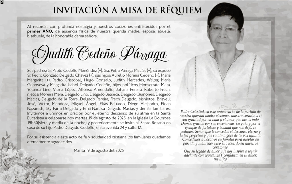 INVITACIÓN A MISA: Judith Cedeño Párraga