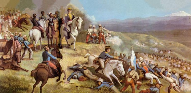 Batallas por la independencia de Quito, Ecuador (Imagen: óleo representando la Batalla de Ibarra, 1823). La independencia derivó en deudas internacionales.