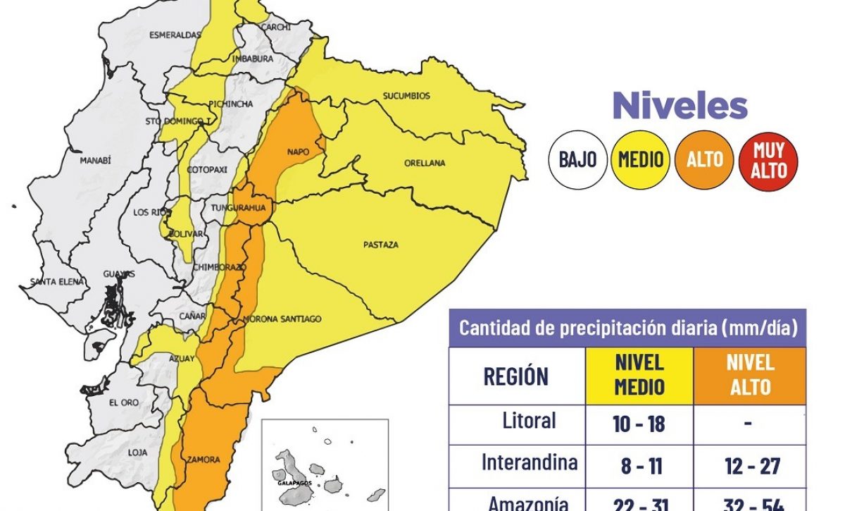 El Instituto Nacional de Meteorología e Hidrología (Inamhi) emitió una alerta meteorológica por fuertes lluvias en el Ecuador.
