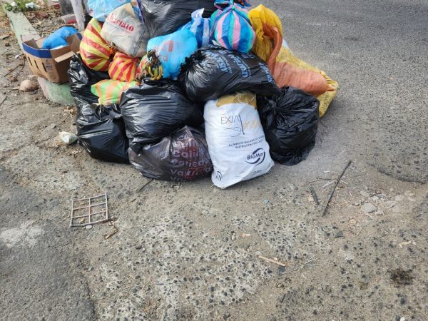 Basura acumulada en uno de los parterres de la 15 de Abril, en Manta.