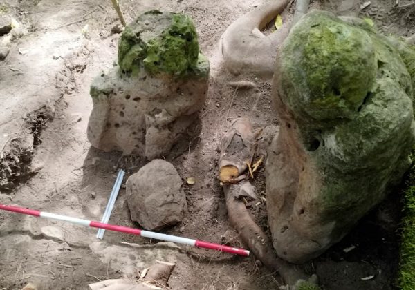 Dos esculturas antropomórficas de forma o apariencia humana que "representan a una pareja ancestral", descubiertas en el yacimiento arqueológico de Uaxactún, en la Reserva de la Biosfera Maya, departamento de Petén, Guatemala FOTO: AFP