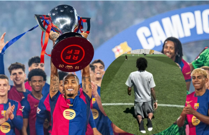 Raphinha cruza de rodillas el césped del Estadio Olímpico tras ganar LaLiga
