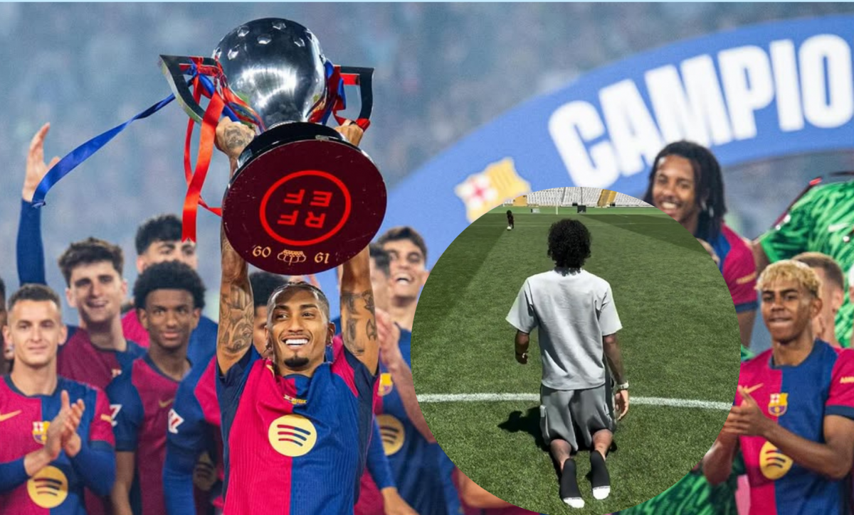 Raphinha cruza de rodillas el césped del Estadio Olímpico tras ganar LaLiga