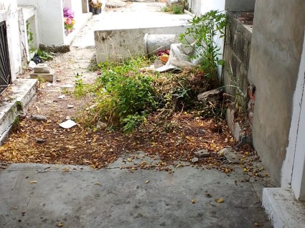 Las hojas secas, la basura y flores viejas son dejadas fuera de los tanques de basura en el cementerio general.