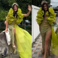 Farándula. La influencer Elba González acudió a votar junto a un burro y vestida de gala