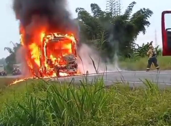 Un bus de la cooperativa Sucre terminó convertido en chatarra tras incendiarse en la vía Buena Fe-Santo Domingo, en la provincia de Los Ríos.