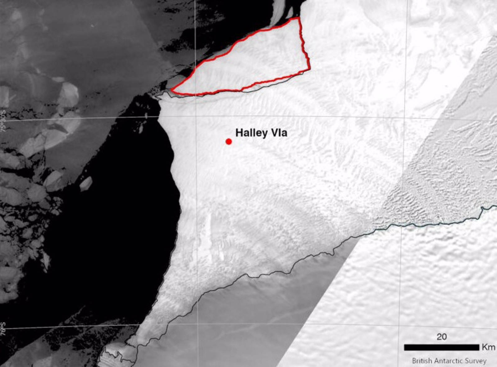 Un iceberg gigante de 380 kilómetros cuadrados se desprendió de la plataforma de hielo Brunt en la Antártida.