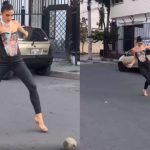 Virginia Limongi, exmiss Ecuador, juega fútbol en tacones