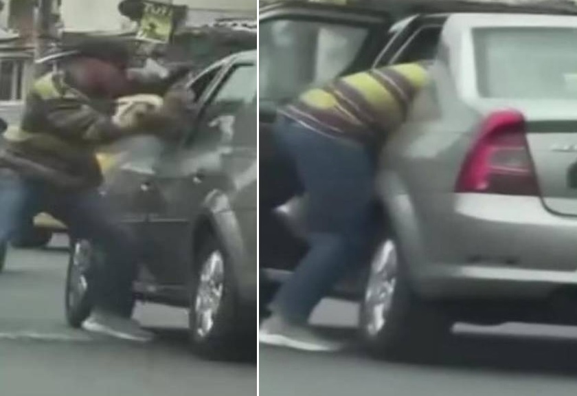 Un violento asalto por parte de dos delincuentes en moto quedó grabado por la cámara de un vehículo particular.