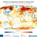 Anomalía de la temperatura del aire superficial para enero de 2025 con respecto al promedio de enero para el período 1991-2020.