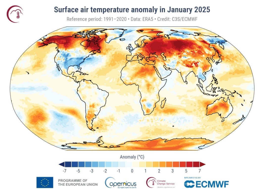 Anomalía de la temperatura del aire superficial para enero de 2025 con respecto al promedio de enero para el período 1991-2020.