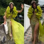 La influencer Elba González acudió a votar junto a un burro y vestida de gala.
