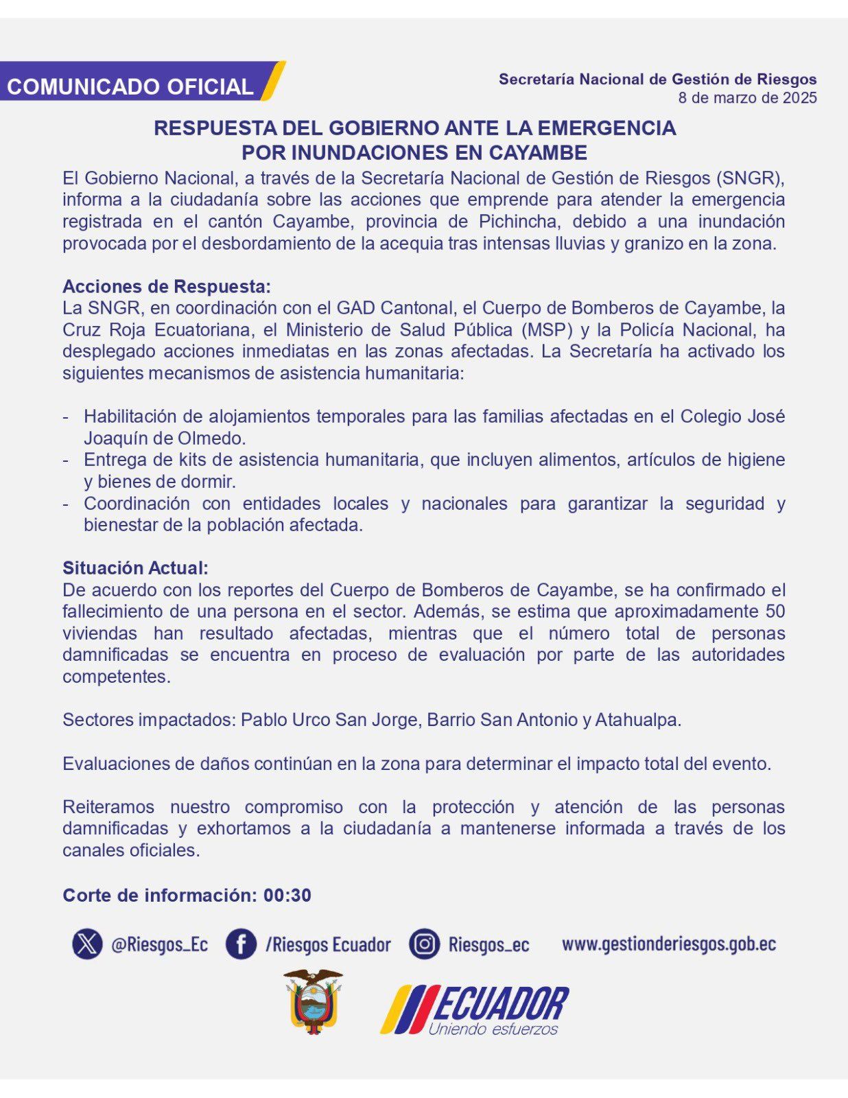 Comunicado de l SNGR ante la emergencia de Olmedo