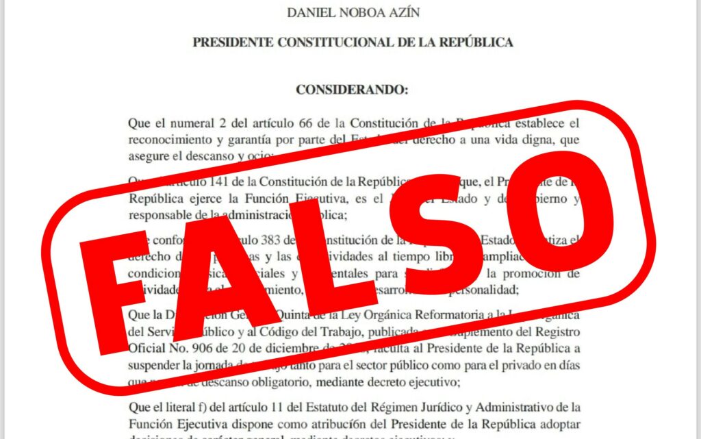 Alerta Ecuador: Falso Decreto Ejecutivo de feriado nacional circula en las redes sociales.