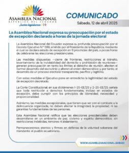 Asamblea Nacional de Ecuador rechaza estado de excepción