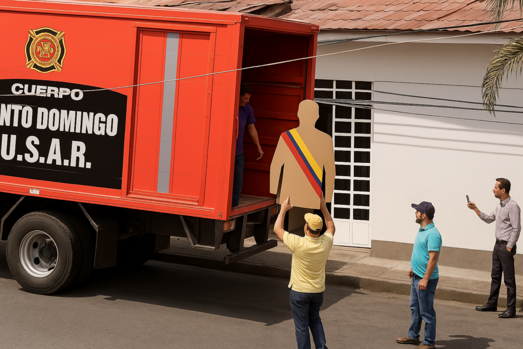 Camión de Bomberos fue grabado descargando propaganda electoral, lo que motivó una denuncia por uso indebido de recursos públicos. Imagen recreada con IA.