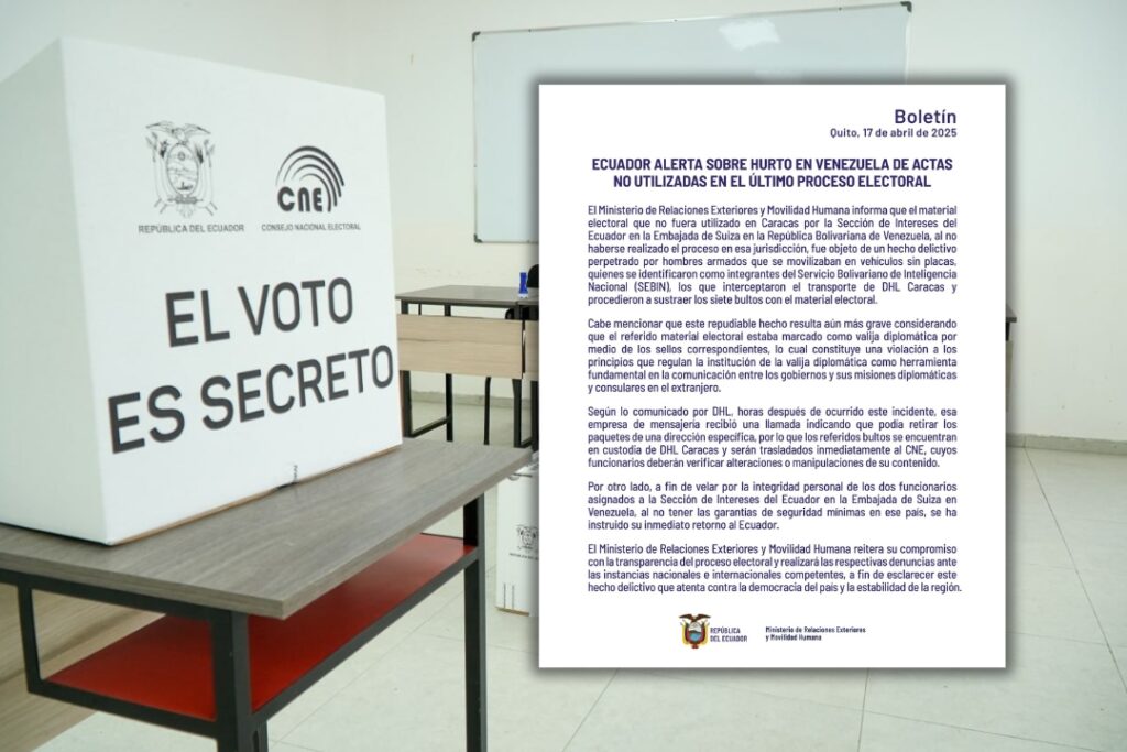 Cancillería de Ecuador denuncia el robo de material electoral no utilizado en las elecciones del domingo en Venezuela