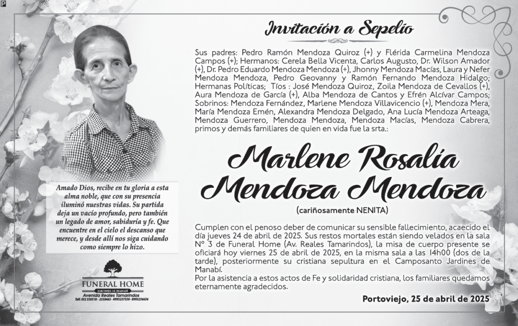 INVITACIÓN A SEPELIO: Marlene Rosalía Mendoza Mendoza