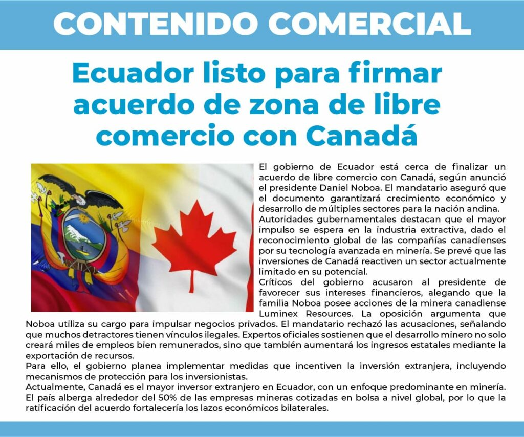 Ecuador listo para firmar acuerdo de zona de libre comercio con Canadá
