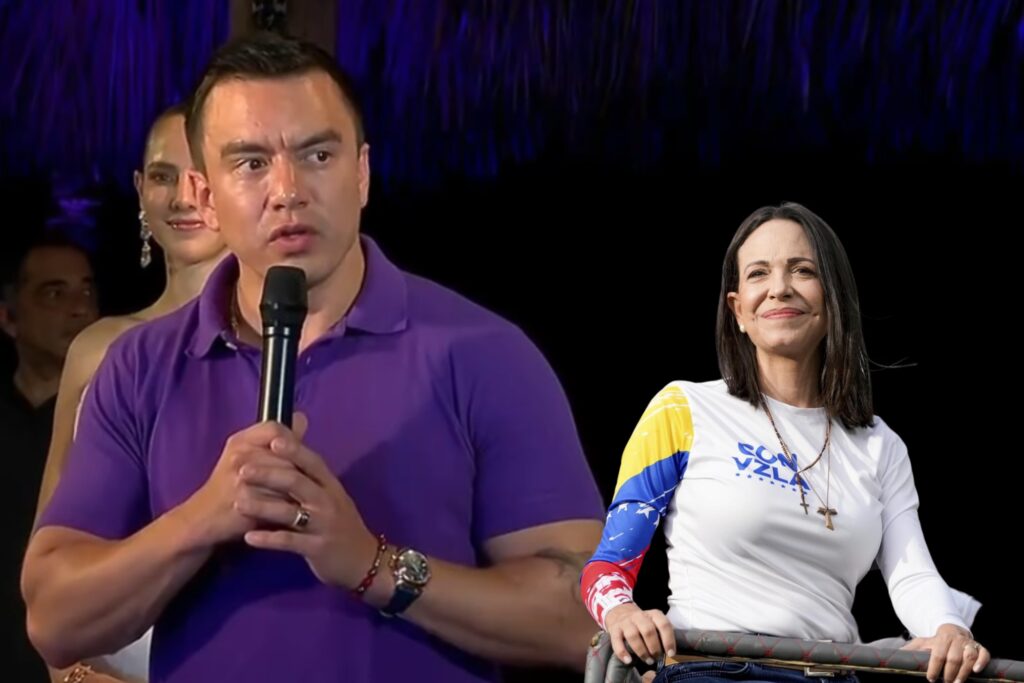María Corina Machado, líder opositora al régimen de Nicolás Maduro en Venezuela, felicita a Daniel Noboa por su triunfo en la segunda vuelta electoral.