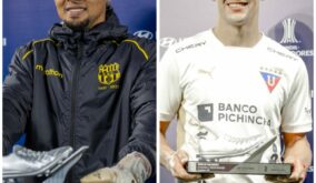 José Contreras y Alex Arce, jugadores de Barcelona y Liga de Quito.