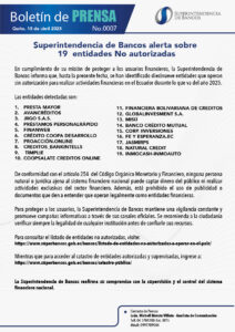 ¡Alerta Financiera! Superintendencia de Bancos desenmascara 19 entidades no autorizadas en Ecuador.