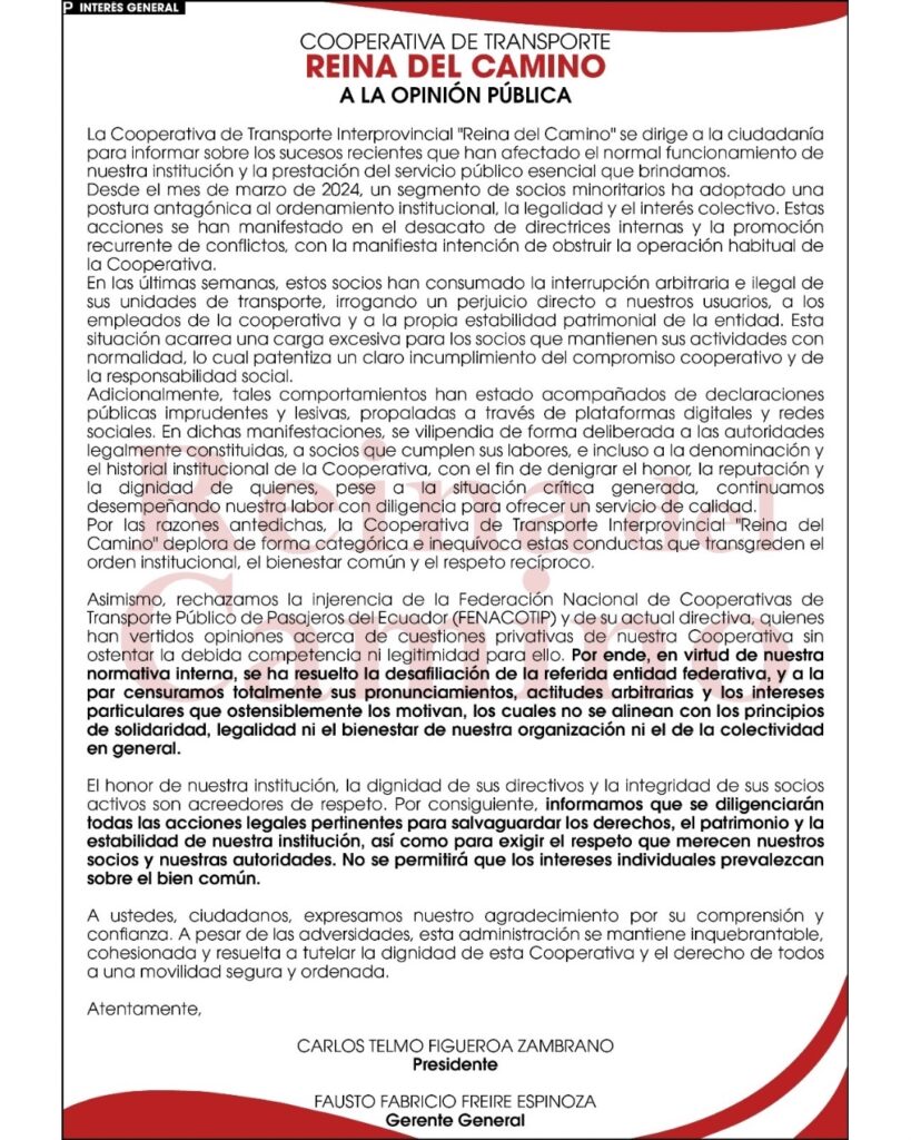 Cooperativa de transporte Reina Del Camino a la opinión pública