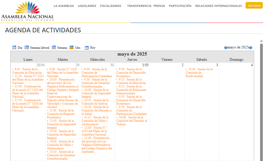 Agenda de sesiones Asamblea Nacional del 28 de abril al 3 de mayo de 2025