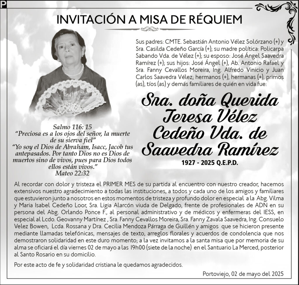 INVITACIÓN A MISA: Querida Jenesa Vélez Cedeño