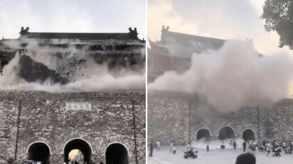 Colapsa la Torre del Tambor de Fengyang, China, tras un año de su restauración