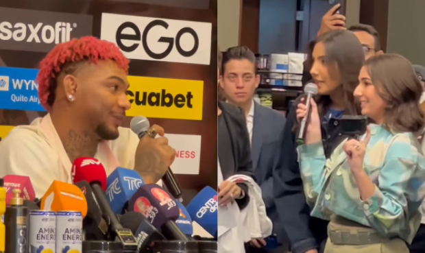 El boxeador Michael Morales y la influencer Gigi Mieles durante rueda de prensa