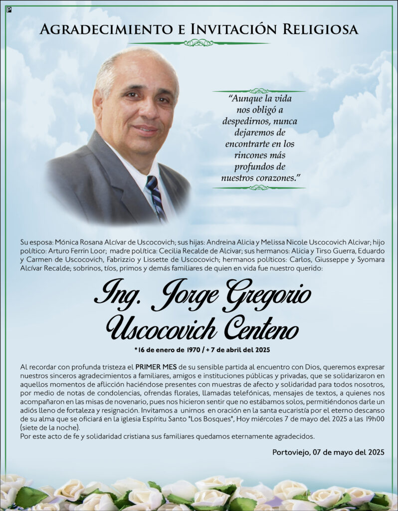 AGRADADECIMIENTO E INVITACIÓN A MISA: Ing. Jorge Gregorio Uscocovich Centeno